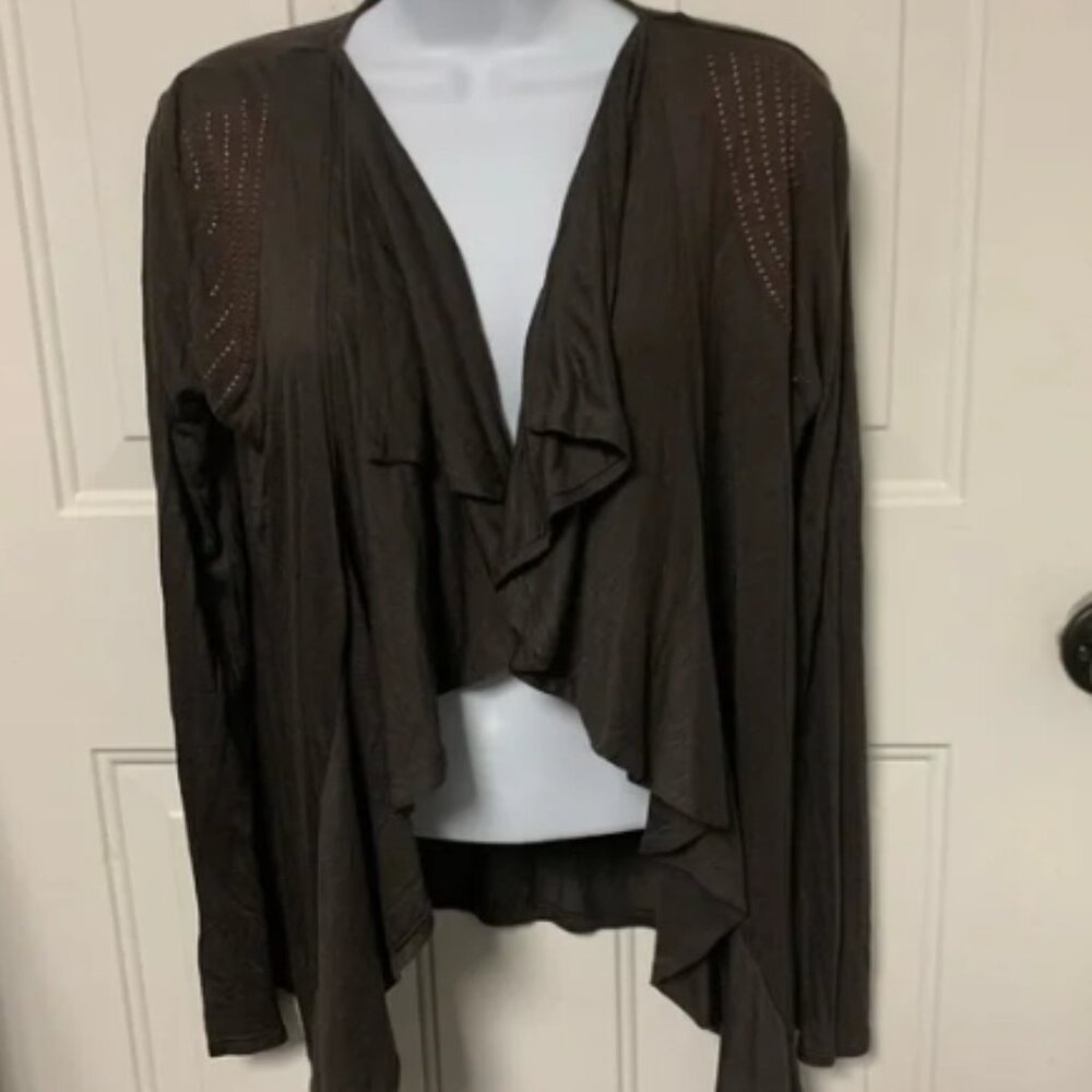 One World Live and Let Live Sweater Brown Studded Shoulders Open Ruffle Front M